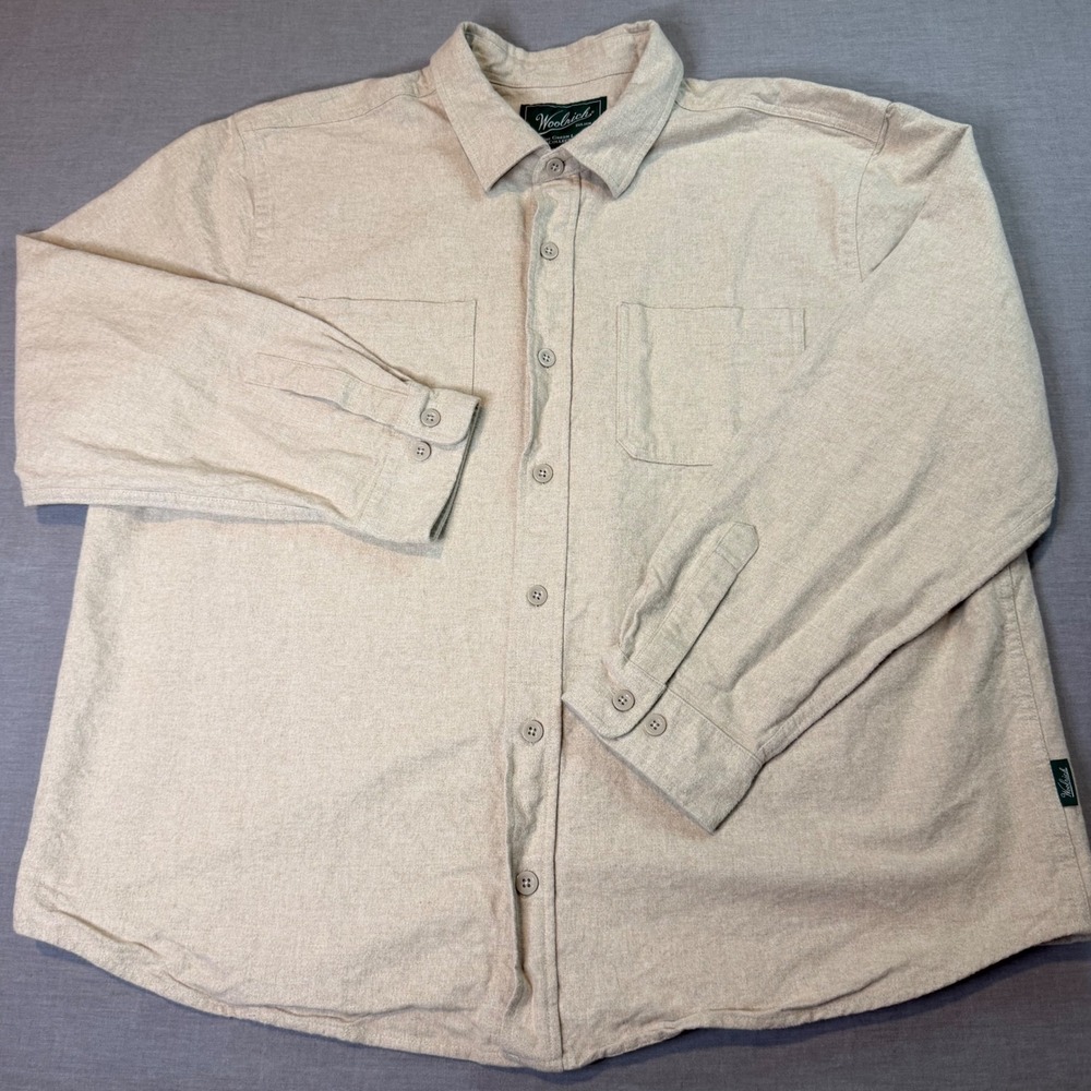 Woolrich Flannel Shirt Mens XXL Beige Excellent Green Label Cotton Button Down
